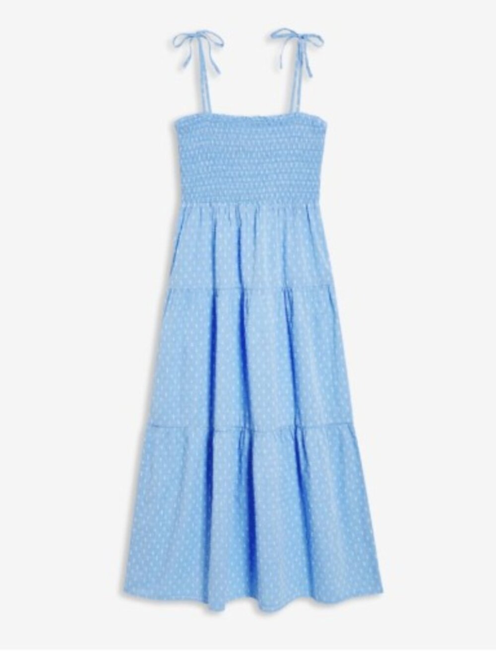 NWT Joe Fresh Light Blue Smocked Tiered Tie-Shoulder Swiss Dot Maxi Dress Size S - Picture 3 of 14